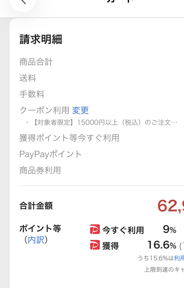 Yahoo!ショッピングのカートで、商品合計69,580円、クーポン−1,000円、今すぐ利用9%(5,602pt)、合計金額62,978円、獲得16.6%(10,353pt)と表示されている画面